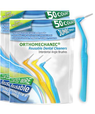 Reusable Interdental Angle Brushes by Orthomechanic - Jumbo Pack - Remove Plaque - Toothpick (Standard - Blue - 100 Count (Pack of 2))