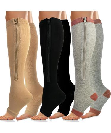 Zipper Compression Socks for Women & Men - 3 Pairs 15-20mmHg Open Toe Stockings for Walking & Running | L-XL Purity - Buy Online on GoSupps.com