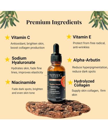 TUTULY Vitamin C Serum with Hyaluronic Acid Alpha-Arbutin Vitamin E Hydrolyzed collagen - Brighten Antioxidtant Anti-aging and Fade Dark Spots for Glowing Skin 30ml - Buy Online on GoSupps.com