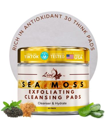 Live Healthy The Original Kojic Acid & Sea Moss Cleansing Pads - Natural Face Cleanser with Vitamin E Glycolic Acid & Hyaluronic Acid - Clears Acne Face Peel Toner Pads - Made in USA | 30 Pack