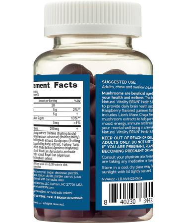 Natural Vitality Brain Health & Memory Gummies - Functional Mushroom Extract Blend - Vegan & Gluten Free - Raspberry Flavored - 60 Gummies - Buy Online on GoSupps.com