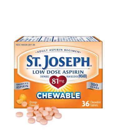 St. Joseph Aspirin Pain Reliever (NSAID) 81mg, Chewable Orange Tablets, Adult Low Dose Regimen, 36 ct