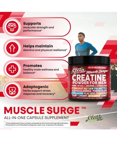 Clean Nutra Creatine Powder for Men + HMB BCAA L Arginine L Citrulline Tongkat Ali Saw Palmetto Ashwagandha Collagen Flax Seed Turmeric Preworkout Stevia Nitric Oxide L Glutamine Amino Acids - Buy Online on GoSupps.com