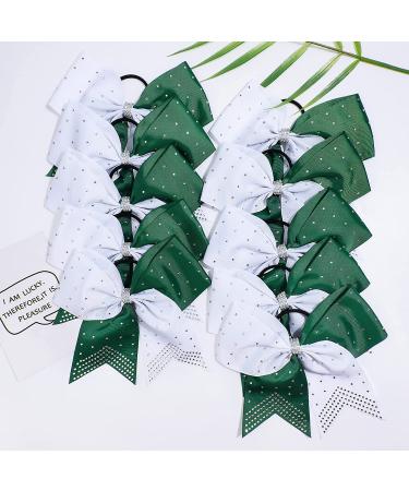 DEEKA 10 PCS Two Toned Large Rhinestone Cheer Hair Bows - Green/White | Handmade for Teen Girls & Sports - 7 Inch Glitter Ponytail Holders (Pack of 10) - Buy Online on GoSupps.com