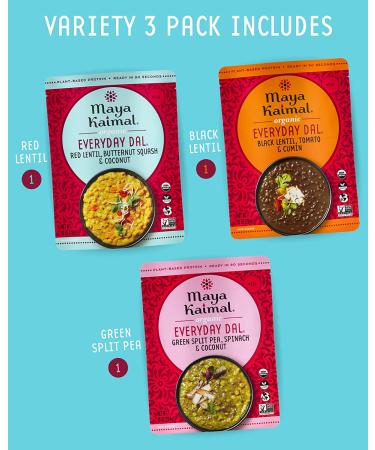 Maya Kaimal Organic Indian Everyday Dal Variety Pack - Red Lentil, Black Lentil, Green Split Pea - 10oz - Pack of 3 - Buy Online on GoSupps.com