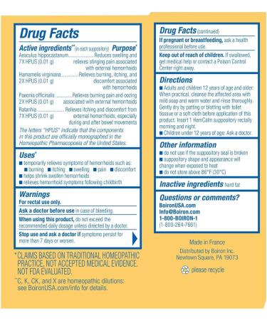 Boiron HemCalm Suppositories for Hemorrhoid Relief of Pain Itching Swelling or Discomfort - 10 Count (Pack of 2) - Buy Online on GoSupps.com