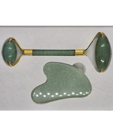 Jade Roller Gua Sha Set Natural Face Roller Skin Care Tools for Puffy Eyes Relief Anti Aging (Light Green Aventurine)