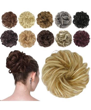 FESHFEN Messy Bun Hair Piece Hair Bun Scrunchies Synthetic Wavy Curly Chignon Ponytail Hair Extensions Thick Updo Hairpieces for Women Girls Kids 1PCS 38 g (Pack of 1) 22H613# Lightest Ash Brown & Bleach Blonde