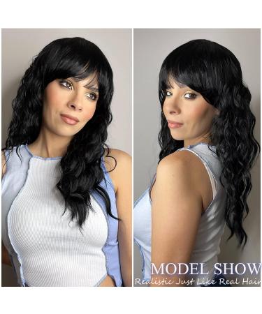 SOKU Black Wavy Wig with Bangs - 20 Inches Synthetic Heat Friendly Curly Wig for Women - Natural Looking Medium Length Hair for Daily Wear and Parties - Buy Online on GoSupps.com
