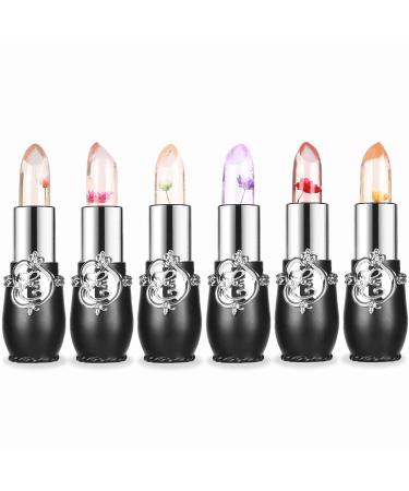 Witcrskm Color Changing Lipstick For Women 6Pcs  Magic Crystal Flower Jelly Lip Balm Makeup Set  Long Lasting Nutritious Lip Balm Lipsticks Moisturizer PH Clear Temperature Lip Gloss BLACK-6PCS