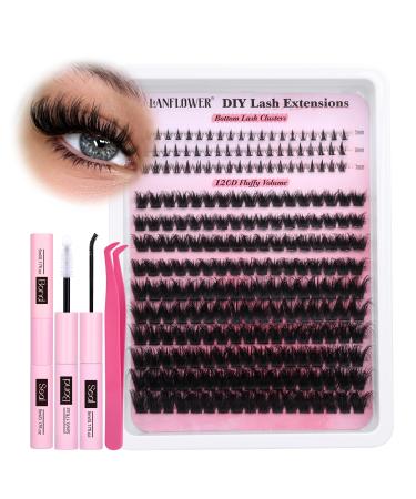 Lanflower Lash Clusters Kit with Bottom Lashes Extension 120D Thick Volume Cluster Lashes Waterproof Cluster Eyelash Extensions Kit D Curl Eyelash Extension Kit Fluffy 10-18 mm Individual Lashes 120D with bottom lashes
