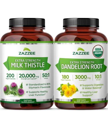 Zazzee USDA Organic Dandelion & Milk Thistle Supplements | 10:1 Organic Dandelion Root Extract Plus 50:1 Milk Thistle Extract Capsules | Liver Cleanse Detox Bundle