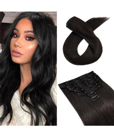 SEGO Clip in Hair Extensions Black Human Hair Straight 40cm Black 1B# Natural Black