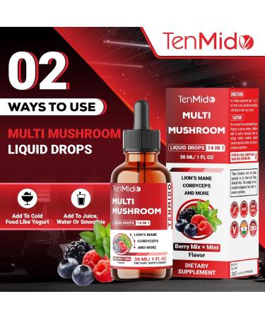 Tenmido Mushroom Complex - Herbal Liquid Drops - 14in1 with Lions Mane Cordyceps Reishi Turkey Chaga Shiitake Ashwagandha Bacopa Gotu Kola and More - 30ml 1 Fl Oz - Buy Online on GoSupps.com