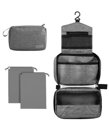 Cooja Wash Bag Hanging Toiletry Bag Women Travel Washbag with Hook & Handle 1 Toilet Bag + 2 Drawstring Bag Grey