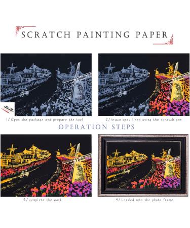 City Series Night Scene Scratch Painting Paper - 16''x11'' - BOTEEN Rainbow Scratchboard, Creative Gift for Adults and Kids - Dutch Windmill Big Ben Design - Buy Online on GoSupps.com