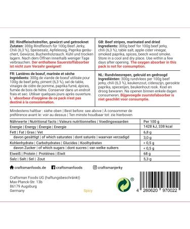  CRAFTSMAN FINEST FOODS Craftsman Beef Jerky Spicy | Made in Germany - Bavaria | Pack of 5 x 100g 500g | 100% Natural Sugar Free | 100% Beef | High Protein 68% | Dry Meat Biltong Spicy Chili - Buy Online on GoSupps.com
