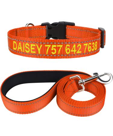 Tagme dog collar and leash personalizing reflective dog collar with 1.5m double -sided reflective dog leash for medium -sized orange M (1 Pack) orange set