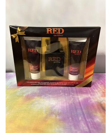 Red Active mens cologne gift set. Includes 2.7 ox cologne body wash shampoo and after shave