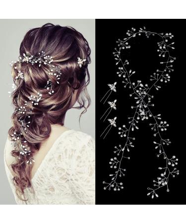 Bride Wedding Crystal Hair Vine Hair Accessories Extra Long Pearl and Crystal Beads Bridal Hair Vine Headband Head Pieces for Women and Girls (Silver)