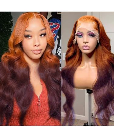 haha Blueish Purple Ginger Wig Human Hair Ombre Lace Front Wig 13x4 Body Wave Lace Frontal Wig Pre Plucked For Women Orange Ginger to Black Purple Wig Colored 18 Inch 150% Density Two Tones Glueless 18 Inch Ginger Purple