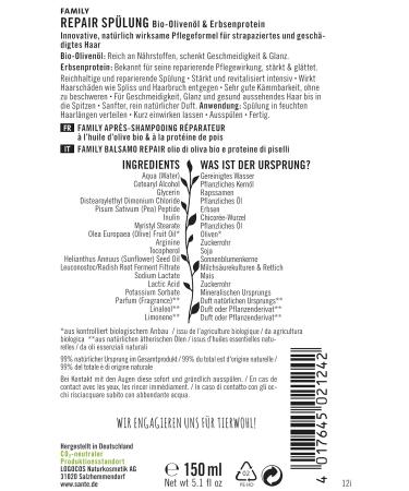 Sante Natural Cosmetics Conditioner for Stressed & Damaged Hair - Vegan Organic Olive Oil & Pea Protein - Repair Rinse 150ml (1 Pack) - Buy Online on GoSupps.com