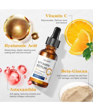 Vitamin C Serum for Face - 31% Anti-Aging Moisturizer with Hyaluronic Acid & Astaxanthin - Brightening & Age Spot Reduction - 2oz - Buy Online on GoSupps.com
