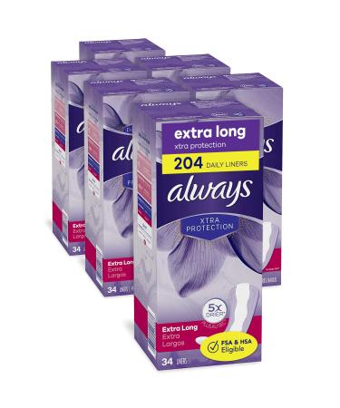 Always Anti-Bunch Xtra Protection Panty Liners For Women Light Absorbency Extra Long Lenght Multipack Leakguard + Rapiddry Unscented 34 Count X 6 Packs (204 Count Total)