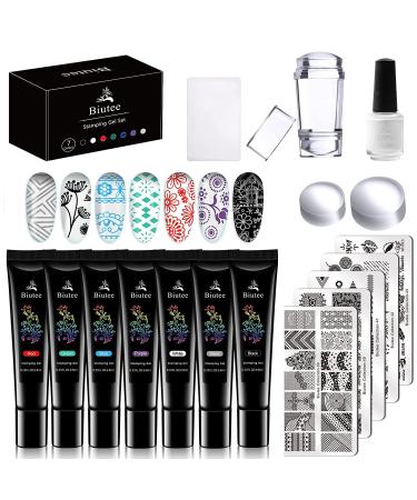 SEISSO 7 Colors Nail Stamping Gel Polish + 5Pcs Nail Stamp Templates + 1 Nail Latex Peel Off Tape + 1 Nail Stamper with Scraper, Nail Stamping Art Set and Manicure Tool Collection 7 Colors stamping gel polish