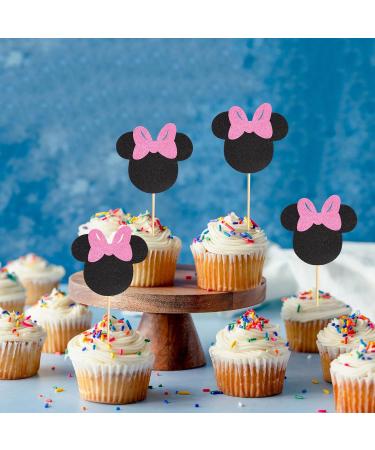 Arthsdite 24Pcs Mouse Inspired Cupcake Toppers with Pink Bow Black Glitter Mouse Cake Decorations for Baby Shower Wedding Kids Birthday Party Cake Decorations Supplies - Black Glitter - Buy Online on GoSupps.com