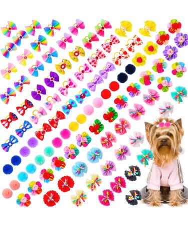Mruq pet 100pcs Small Dog Hair Bows, Bulk Dog Bows with Rubber Bands, Mix Dainty Pretty Puppy Pet Dog Grooming Hair Bows, Handmade Multicolor Dog Bows for Cat Dog Rabbit Hair Accessories Mix 100pc
