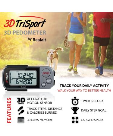 3DTriSport Walking 3D Pedometer with Clip and Strap + Free eBook | Step, Distance, Calorie Counter & More - Grey/Black - Buy Online on GoSupps.com