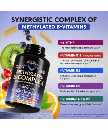 Vitamin B Complex Methylated - B-Complex with Methylfolate & B12 - Bioavailable for Men & Women - 9-in-1 Methylated Multivitamin - Energy Brain & Mood - Vegan - Made in USA - 120 Capsules One/Day - Buy Online on GoSupps.com