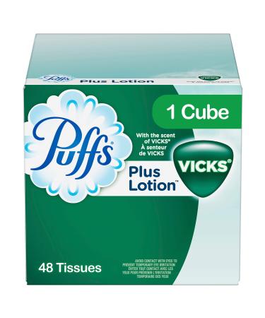 Puffs Plus Lotion With The Scent of Vicks Facial Tissues 6 cube Boxes included, 48 Tissues per Box White 48 Count (Pack of 6)