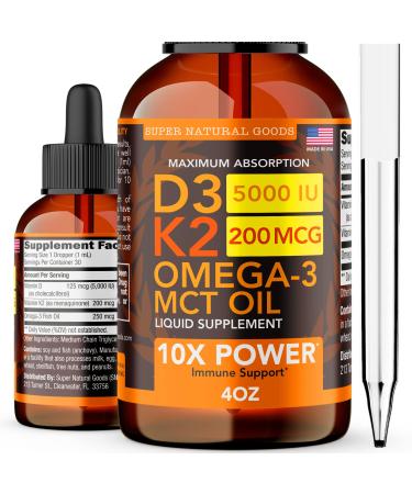 Vitamin D3 K2 Liquid Drops 5000 IU (4oz) Maximum Strength Vitamin D K MCT Oil & Omega 3 Bone Heart Joint Muscle Support Supplement. Fast Absorption Formula. 4 in 1 Complex Formula Non-GMO & Vegan 4 Fl Oz (Pack of 1)