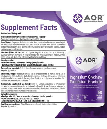 AOR Magnesium Glycinate 90mg 180 Capsules - Promotes Optimal Muscle Function & Metabolism - Vegan Magnesium Bisglycinate Supplement - Cardiovascular Support Muscle Comfort & Balanced Menstrual Cycles - Buy Online on GoSupps.com