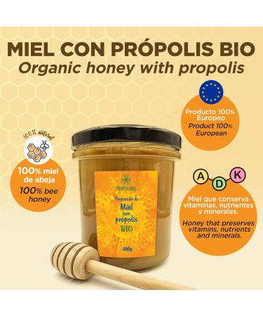 Honey with organic propolis x 400 gr. Propolis with floral aroma. Bee honey with a thousand flowers with propolis that improves defenses and has protective properties. - Buy Online on GoSupps.com