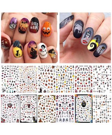 1500pcs Halloween Nail Art Stickers Decals, Kalolary Self-Adhesive DIY Nail Decals Sticker for Halloween Party, Pumpkin/Witch/Bat/Ghost/Skull Nail Decorations Shape A