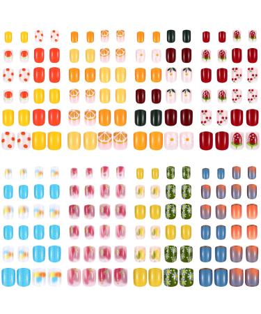192 Pieces 8 Boxes Fake Nails Short Press on Nails False Colorful Acrylic Nails Christmas Full Cover Short Square False Nails Artificial Nail Tips with 8 Sheets Fake Nail Glue Stickers (Cute Style)