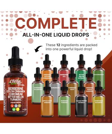 Clean Nutra Berberine with Ceylon Cinnamon Supplement Liquid Drops + Bitter Melon Extract Glucomannan Gymnema Chromium Turmeric Organic Panax Ginseng Moringa GLP-1 Support - Buy Online on GoSupps.com