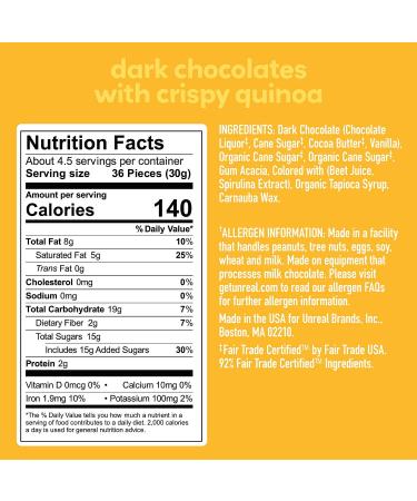 UNREAL Dark Chocolate & Crispy Quinoa Gems | Certified Vegan Fair Trade  Non-GMO | Made with Gluten Free Ingredients and Colors from Nature | No Sugar Alcohols or Soy | 6 Bags 5 Ounce (Pack of 6) - Buy Online on GoSupps.com
