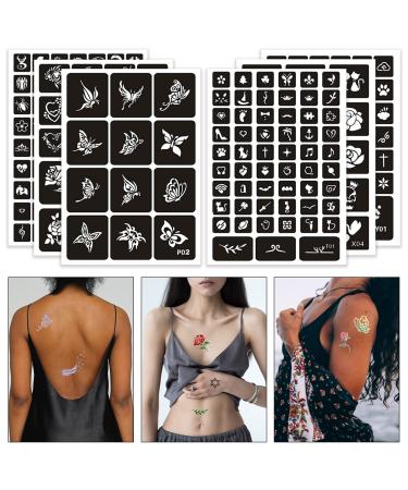 CUTELIILI Henna Tattoo Stencils Reusable for Women Girls and Kids, 200+ PCS Tattoo Templates, Airbrush Tattoo Stencil,Body Art Stencil Templates Pattern01