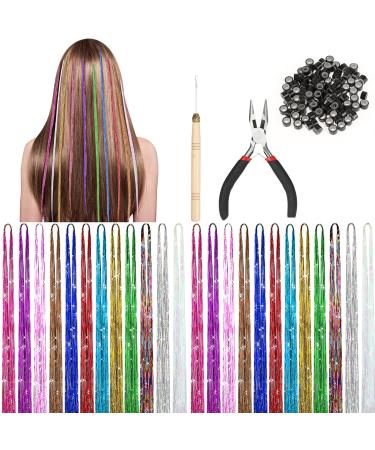 HIFOT 12 Colors Braiding Hair Tinsel Coloured Clip in Hair Extension for Braiding Hair Glitter Hair Braiding Kit Crochet Hook Pliers with Beads Festival Accessories for Girls Women Party Cosplay