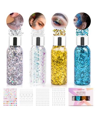 Glitzer face 4 Bottle Festival Glitzer Face Liquid Gel Mermaid Body Glitter Gel For Hair Nail Face Make Up Glitzer Make Glitzer Stones Self -adhesive for Festival Masquerade - Buy Online on GoSupps.com