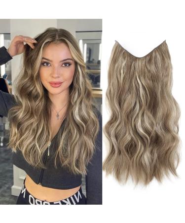 Invisible Wire Hair Extensions Long Wavy Hair Extensions with Transparent Headband Adjustable Size 2 clip Fish Line Secret Synthetic Hairpieces for Women 20 Inch Light Ash Brown with Blonde Highlights