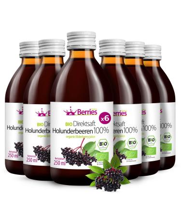 Organic elderberry juice 6 Pack (6x250ml) - organic pure elderberry juice - 100% cold -pressed elderberries mother juice - without added sugar without GMO without preservatives - vegan KO - Berriespolska elder 250 ml (6 Pack)