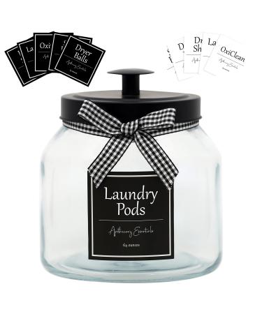 Laundry Pods Container, 64 oz Glass Jar for Laundry Room Organization Holds Detergent Pods, Dryer Balls, Scent Boosters or Dryer Sheets  Includes 12 Labels and Ribbon for Farmhouse Laundry Room Decor