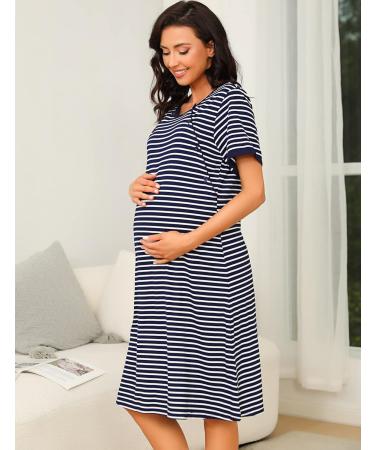 Sykooria Women's Maternity Nightdress Breastfeeding Nightwear - Short Sleeve Nursing Nightgown in Stripe Dark Blue XL - Buy Online on GoSupps.com