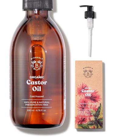 Bionoble Organic Castor Oil 200ml - 100% Pure Natural and Cold Pressed - Lashes Eyebrows Body Hair Beard Nails - Vegan and Cruelty Free - Glass Bottle + Pump Castor Oil 200 ml (Pack of 1)