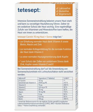 Tetesept Carotene 15 mg - Skin & Sun Vitamins for Beautiful Tan | Dietary Supplements with -Carotene & Antioxidants - 150 Tablets - Buy Online on GoSupps.com